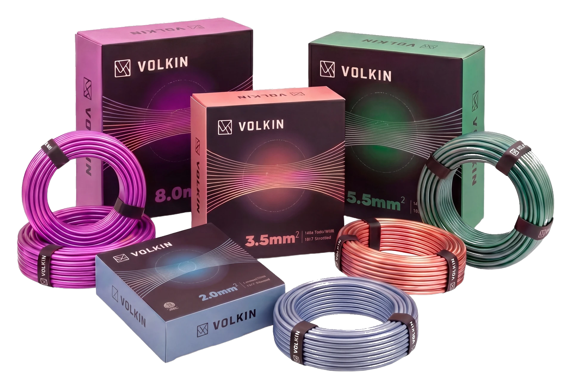 The VOLKIN THHN/THWN range — 2, 3.5, 5.5 and 8mm² boxes with their matching wire coils